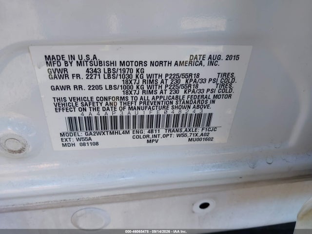 2015 Mitsubishi Outlander Sport Es მანქანა იყიდება აუქციონზე, vin: 4A4AP3AU1FE048243, აუქციონის ნომერი: 46065478