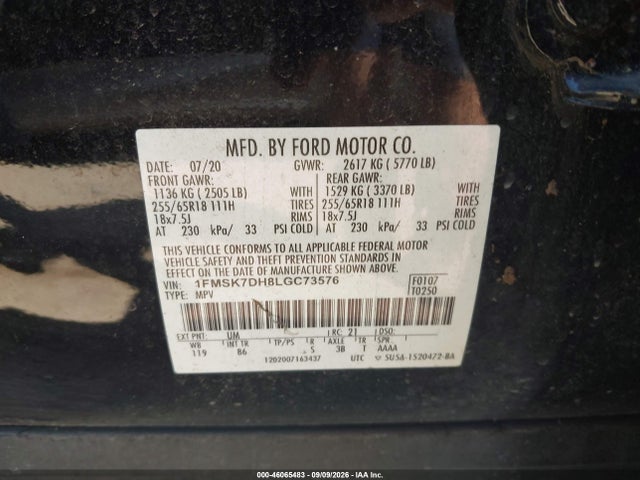 46065483 :رقم المزاد ، 1FMSK7DH8LGC73576 vin ، 2020 Ford Explorer Xlt مزاد بيع