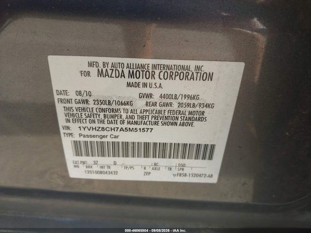 2010 Mazda Mazda6 I Touring Plus მანქანა იყიდება აუქციონზე, vin: 1YVHZ8CH7A5M51577, აუქციონის ნომერი: 46065504