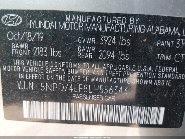 2020 Hyundai Elantra Se მანქანა იყიდება აუქციონზე, vin: 5NPD74LF8LH556343, აუქციონის ნომერი: 46065505