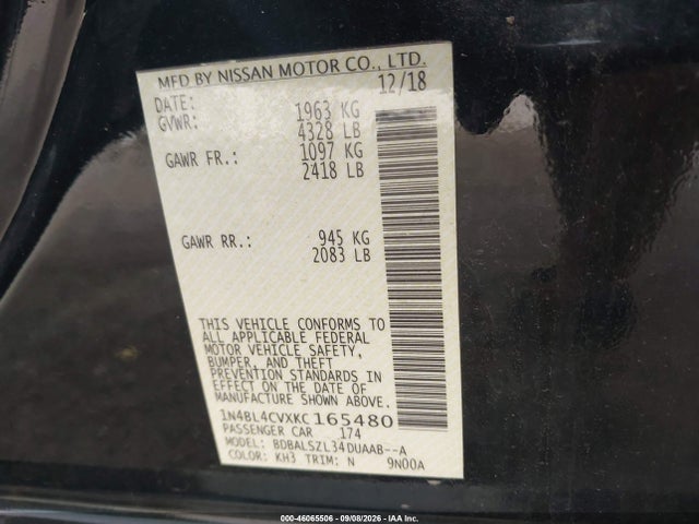 Aukcja sprzedaży 2019 Nissan Altima 2.5 Sr, vin: 1N4BL4CVXKC165480, numer aukcji: 46065506