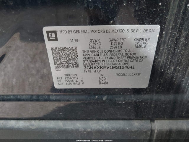 46065509 :رقم المزاد ، 3GNAXKEV1MS124641 vin ، 2021 Chevrolet Equinox Fwd Lt مزاد بيع