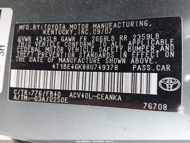 46065523 :رقم المزاد ، 4T1BE46K88U749378 vin ، 2008 Toyota Camry Le مزاد بيع