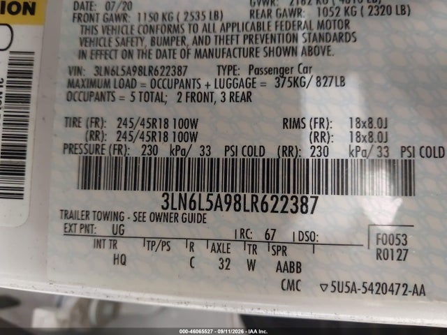 46065527 :رقم المزاد ، 3LN6L5A98LR622387 vin ، 2020 Lincoln Mkz Standard مزاد بيع