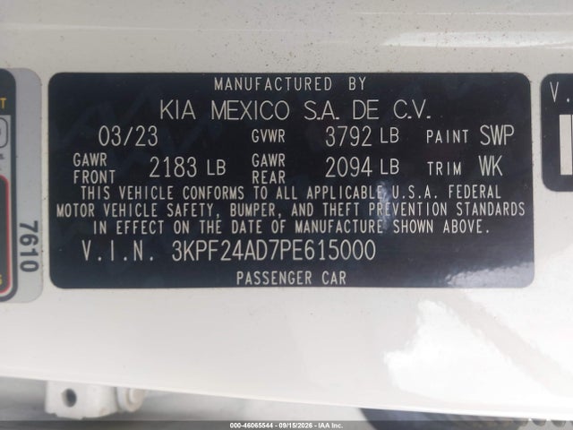 Продажа на аукционе авто 2023 Kia Forte Lxs, vin: 3KPF24AD7PE615000, номер лота: 46065544