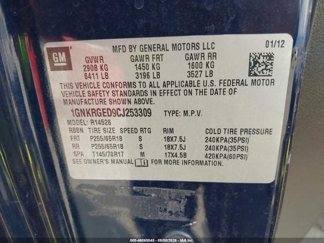 Продаж на аукціоні авто 2012 Chevrolet Traverse 1lt, vin: 1GNKRGED9CJ253309, номер лоту: 46065545