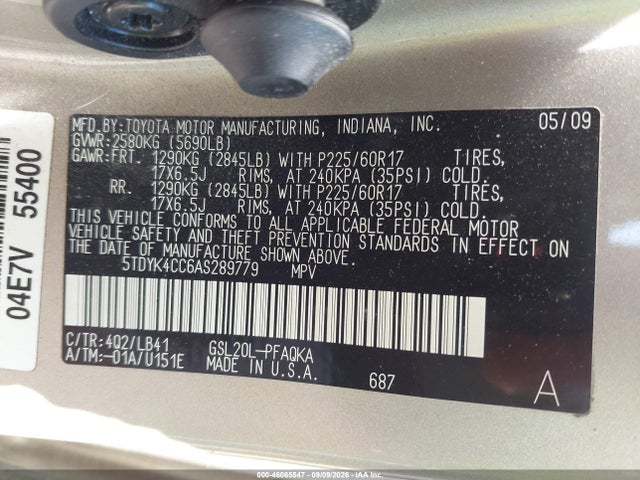46065547 :رقم المزاد ، 5TDYK4CC6AS289779 vin ، 2010 Toyota Sienna Xle مزاد بيع