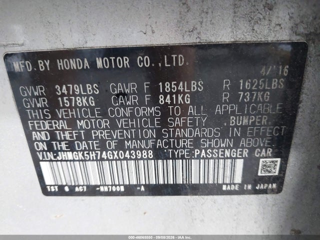 Продажа на аукционе авто 2016 Honda Fit Ex, vin: JHMGK5H74GX043988, номер лота: 46065550