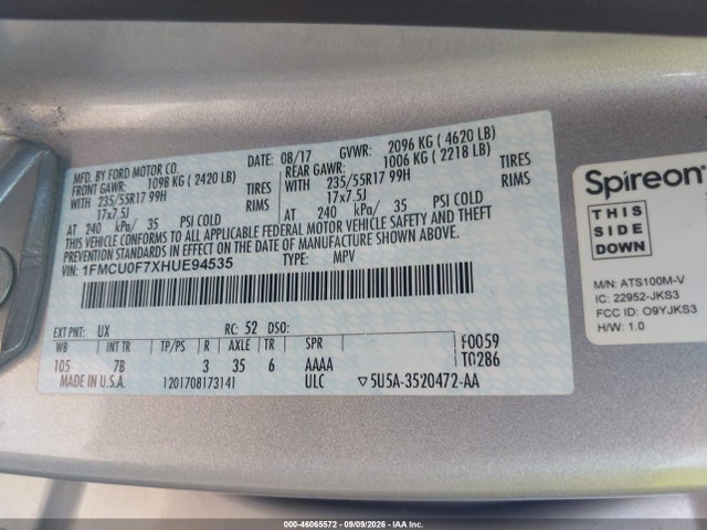 Aukcja sprzedaży 2017 Ford Escape S, vin: 1FMCU0F7XHUE94535, numer aukcji: 46065572