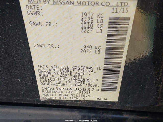 46065577 :رقم المزاد ، 1N4AL3AP4GN306324 vin ، 2016 Nissan Altima 2.5/2.5 S/2.5 Sl/2.5 Sr/2.5 Sv مزاد بيع
