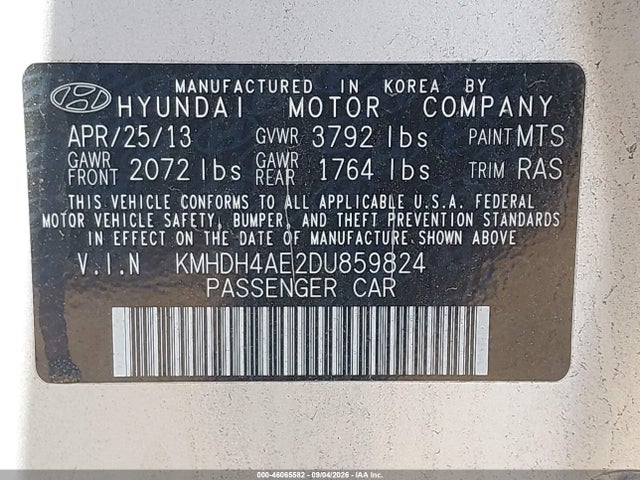 Aukcja sprzedaży 2013 Hyundai Elantra Limited, vin: KMHDH4AE2DU859824, numer aukcji: 46065582