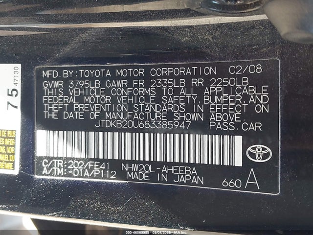 Продаж на аукціоні авто 2008 Toyota Prius, vin: JTDKB20U683385947, номер лоту: 46065585