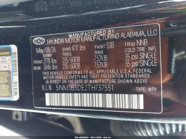 Продажа на аукционе авто 2026 Hyundai Tucson Sel, vin: 5NMJB3DE2TH737551, номер лота: 46065587