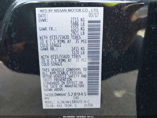 Aukcja sprzedaży 2017 Infiniti Qx60, vin: 5N1DL0MM6HC528945, numer aukcji: 46065586