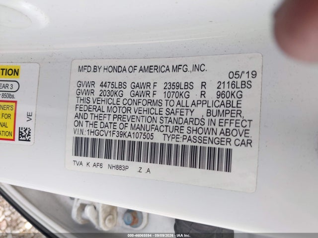 Продаж на аукціоні авто 2019 Honda Accord Sport, vin: 1HGCV1F39KA107505, номер лоту: 46065594