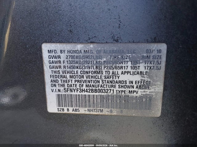 46065599 :رقم المزاد ، 5FNYF3H42BB003271 vin ، 2011 Honda Pilot Ex مزاد بيع