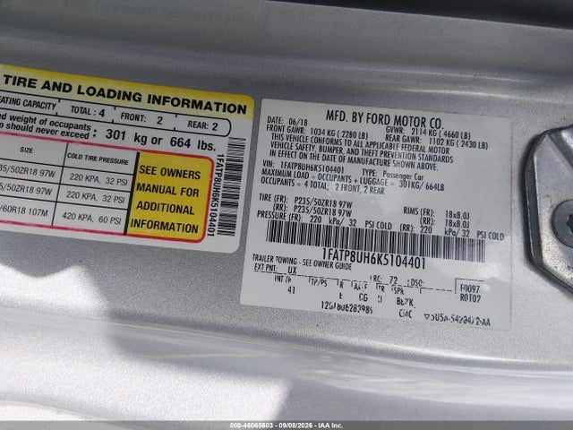 2019 Ford Mustang Ecoboost Premium მანქანა იყიდება აუქციონზე, vin: 1FATP8UH6K5104401, აუქციონის ნომერი: 46065603