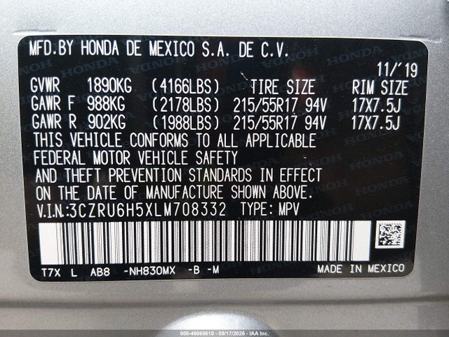 2020 Honda Hr-v Awd Ex მანქანა იყიდება აუქციონზე, vin: 3CZRU6H5XLM708332, აუქციონის ნომერი: 46065610