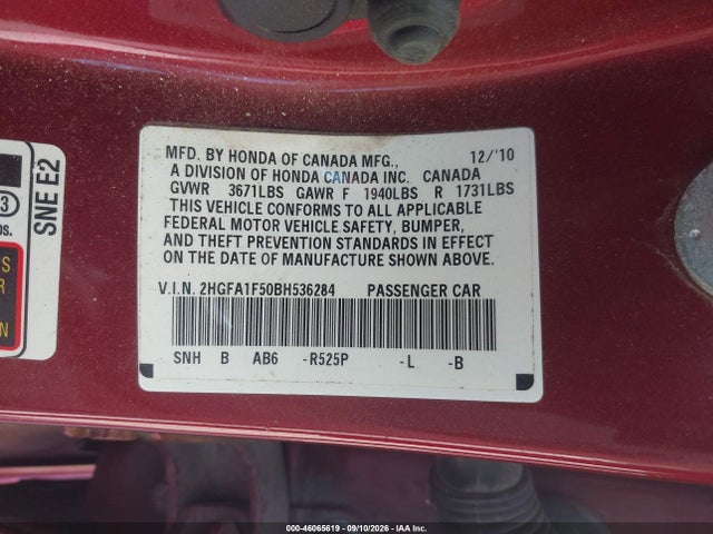 Продаж на аукціоні авто 2011 Honda Civic Lx, vin: 2HGFA1F50BH536284, номер лоту: 46065619