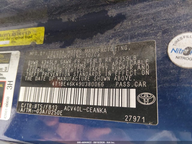 Продажа на аукционе авто 2009 Toyota Camry Le, vin: 4T1BE46K49U380066, номер лота: 46065622