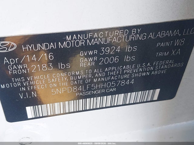 46065625 :رقم المزاد ، 5NPD84LF5HH057844 vin ، 2017 Hyundai Elantra Se مزاد بيع