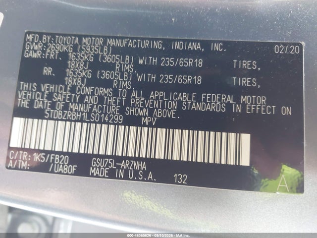 Aukcja sprzedaży 2020 Toyota Highlander Le, vin: 5TDBZRBH1LS014299, numer aukcji: 46065626