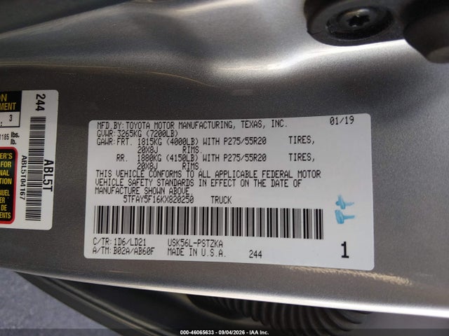 46065633 :رقم المزاد ، 5TFAY5F16KX820250 vin ، 2019 Toyota Tundra 1794 5.7l V8 مزاد بيع
