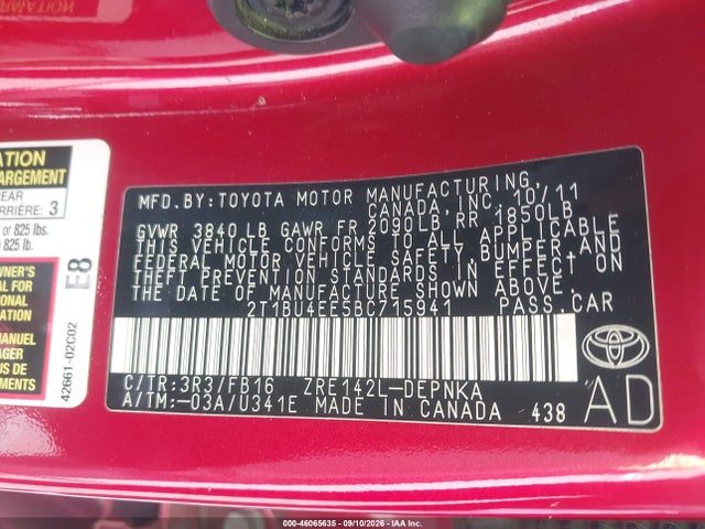 2011 Toyota Corolla Le მანქანა იყიდება აუქციონზე, vin: 2T1BU4EE5BC715941, აუქციონის ნომერი: 46065635