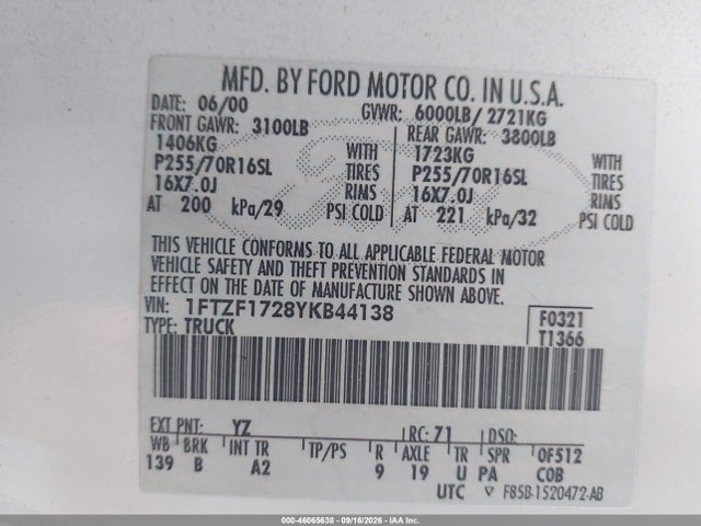 Продажа на аукционе авто 2000 Ford F-150 Work Series/xl/xlt, vin: 1FTZF1728YKB44138, номер лота: 46065638