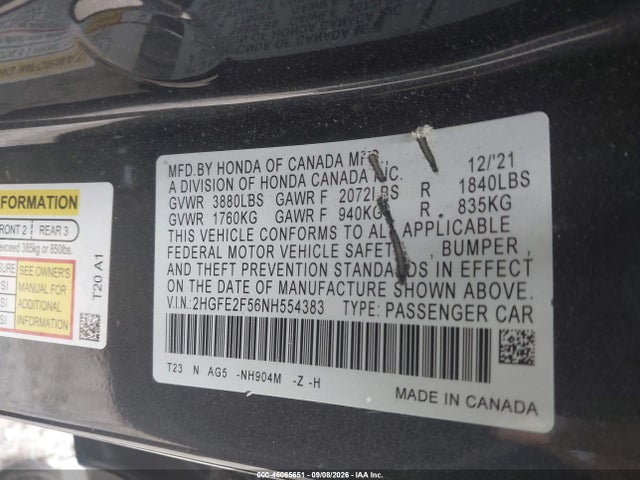46065651 :رقم المزاد ، 2HGFE2F56NH554383 vin ، 2022 Honda Civic Sport مزاد بيع
