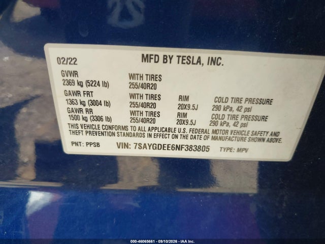 46065661 :رقم المزاد ، 7SAYGDEE6NF383805 vin ، 2022 Tesla Model Y Long Range Dual Motor All-wheel Drive مزاد بيع