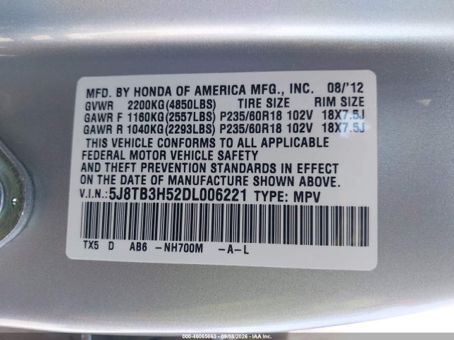 46065663 :رقم المزاد ، 5J8TB3H52DL006221 vin ، 2013 Acura Rdx مزاد بيع