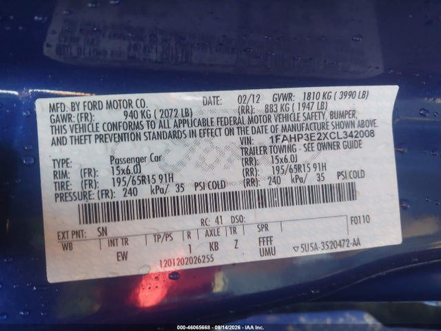 46065668 :رقم المزاد ، 1FAHP3E2XCL342008 vin ، 2012 Ford Focus S مزاد بيع