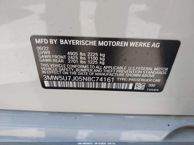 46065670 :رقم المزاد ، 3MW5U7J05N8C74161 vin ، 2022 Bmw M340i مزاد بيع