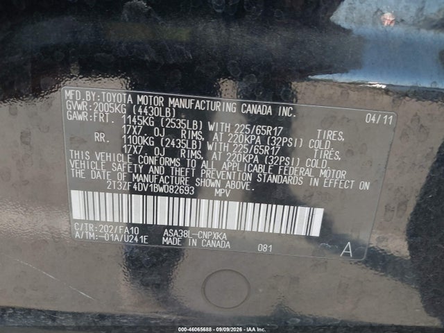 Aukcja sprzedaży 2011 Toyota Rav4, vin: 2T3ZF4DV1BW082693, numer aukcji: 46065688