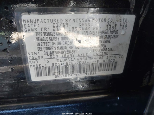 Продажа на аукционе авто 2019 Nissan Sentra S, vin: 3N1AB7AP4KY294551, номер лота: 46065690