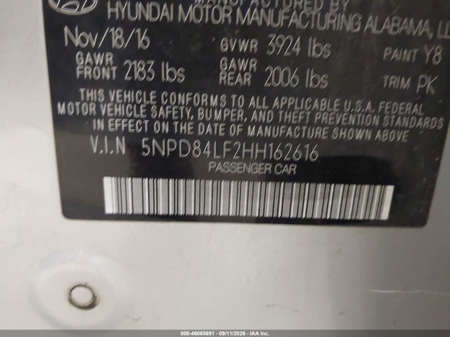 2017 Hyundai Elantra Se მანქანა იყიდება აუქციონზე, vin: 5NPD84LF2HH162616, აუქციონის ნომერი: 46065691