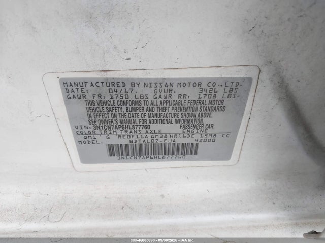Aukcja sprzedaży 2017 Nissan Versa 1.6 Sv, vin: 3N1CN7AP6HL877760, numer aukcji: 46065693