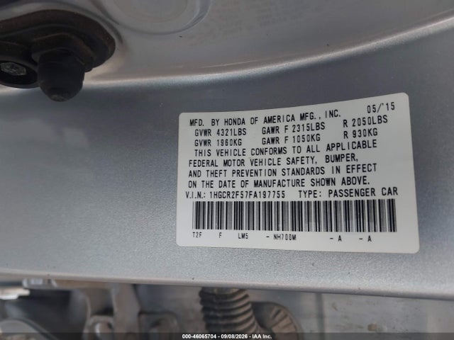Продаж на аукціоні авто 2015 Honda Accord Sport, vin: 1HGCR2F57FA197755, номер лоту: 46065704