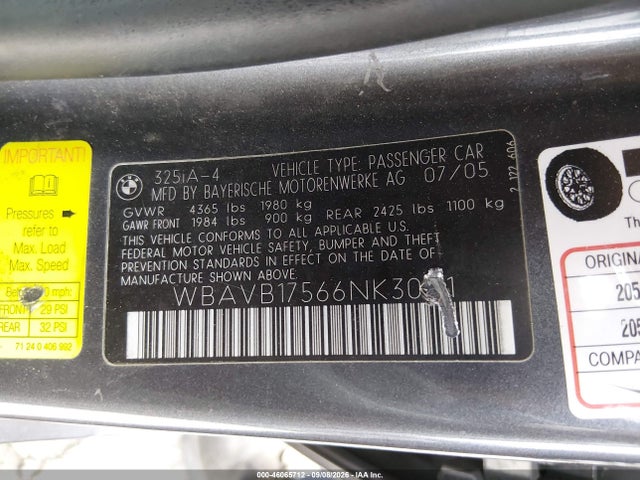 Продаж на аукціоні авто 2006 Bmw 325i, vin: WBAVB17566NK30111, номер лоту: 46065712