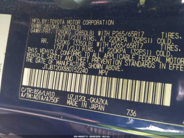 46065713 :رقم المزاد ، JTJBT20X880152240 vin ، 2008 Lexus Gx 470 مزاد بيع