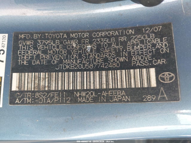 2008 Toyota Prius მანქანა იყიდება აუქციონზე, vin: JTDKB20U587742480, აუქციონის ნომერი: 46065716