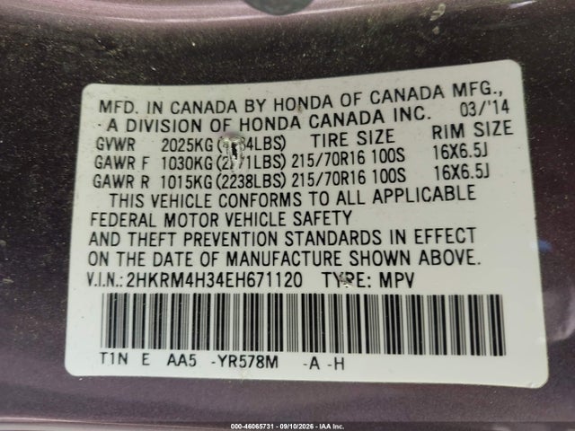 46065731 :رقم المزاد ، 2HKRM4H34EH671120 vin ، 2014 Honda Cr-v Lx مزاد بيع