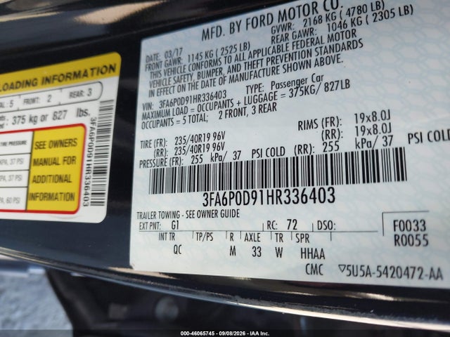 Aukcja sprzedaży 2017 Ford Fusion Platinum, vin: 3FA6P0D91HR336403, numer aukcji: 46065745