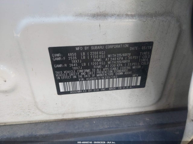 Aukcja sprzedaży 2019 Subaru Outback 3.6r Touring, vin: 4S4BSETC1K3357383, numer aukcji: 46065748