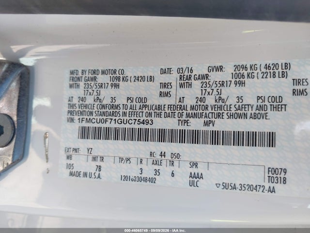 Продажа на аукционе авто 2016 Ford Escape S, vin: 1FMCU0F71GUC75493, номер лота: 46065749