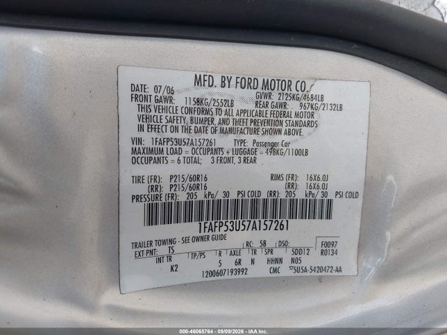 Продажа на аукционе авто 2007 Ford Taurus Se, vin: 1FAFP53U57A157261, номер лота: 46065764