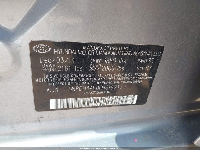 2015 Hyundai Elantra Se მანქანა იყიდება აუქციონზე, vin: 5NPDH4AE0FH618247, აუქციონის ნომერი: 46065783