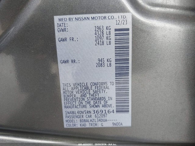 Продажа на аукционе авто 2024 Nissan Altima Sv Fwd, vin: 1N4BL4DV5RN369164, номер лота: 46065801