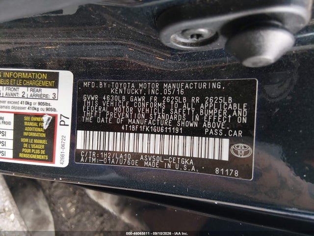 Aukcja sprzedaży 2016 Toyota Camry Xle, vin: 4T1BF1FK1GU611191, numer aukcji: 46065811